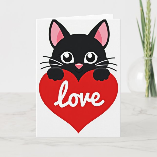 Tarjeta Cute Black Cat Love Heart Card (Anverso)