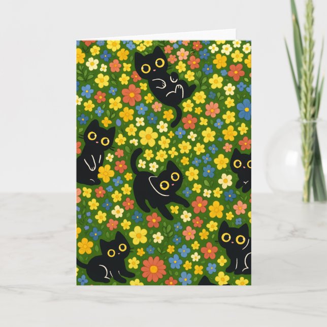 Tarjeta Cute Black Cats Floral Meadow Pattern (Anverso)