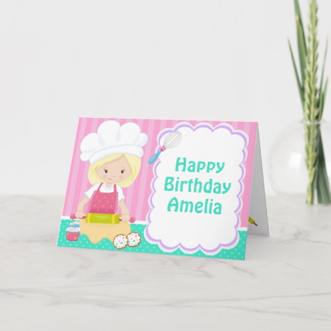 Tarjeta Cute Blonde Chica Baking Cumpleaños (Anverso)