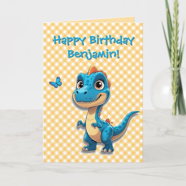 Tarjeta Cute Blue Dinosaur Birday Card para los niños (Anverso)