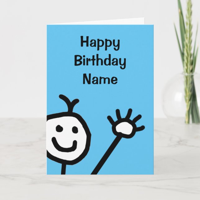 Tarjeta Cute Blue Little Sonriente Cara Waving Birday (Anverso)