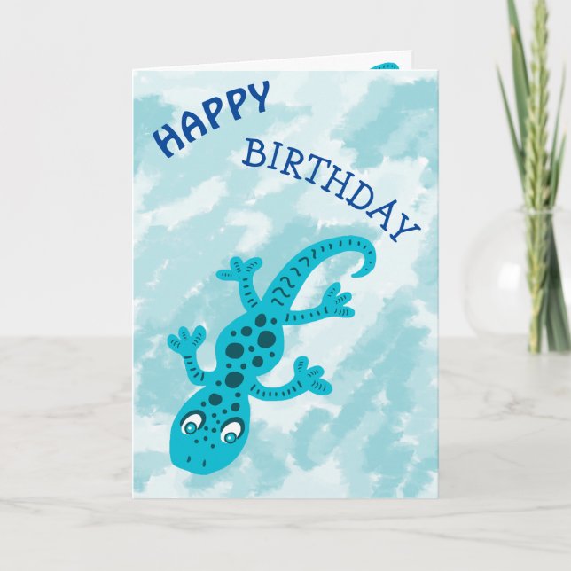 Tarjeta Cute Blue Lizard Gecko sobre Blue Happy Birday (Anverso)