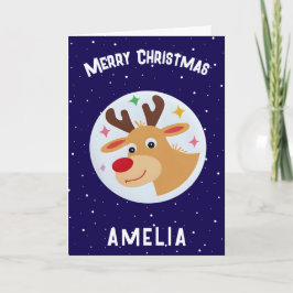 Tarjeta Cute Blue Reindeer Kid`s Name Merry Christmas