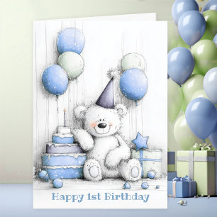 Tarjeta Cute Blue Teddy Bear Primer Cumpleaños