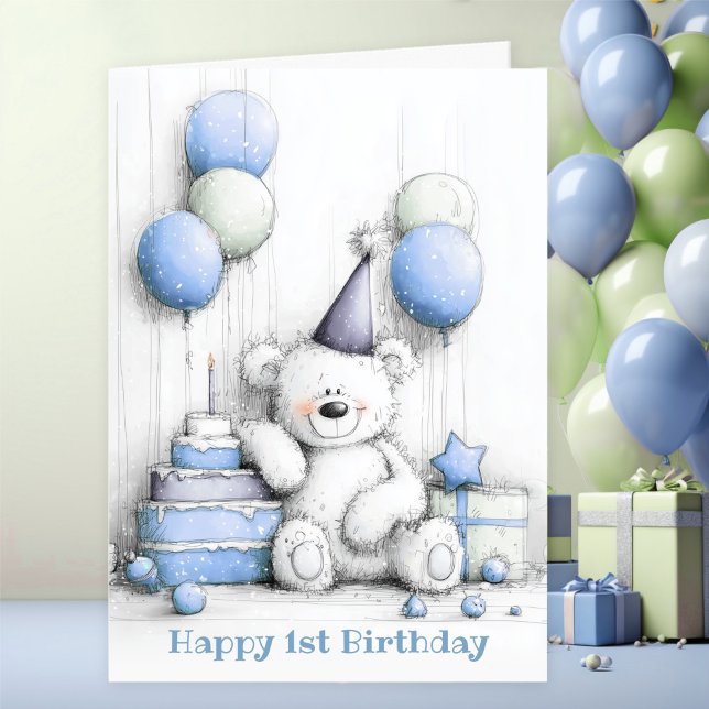 Tarjeta Cute Blue Teddy Bear Primer Cumpleaños (Subido por el creador)