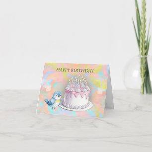 Tarjeta Cute Bluebird y Cake Feliz cumpleaños