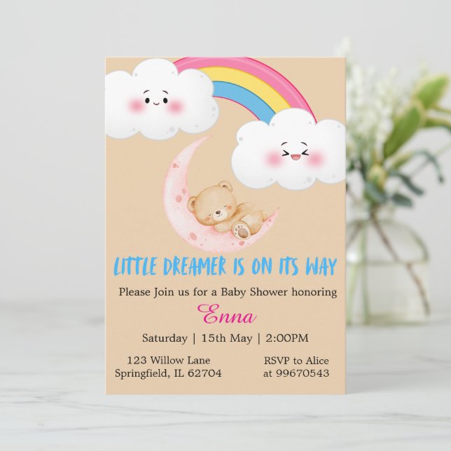 Tarjeta Cute Boho Little Dreamer Baby Shower Invitation  (Anverso de pie)
