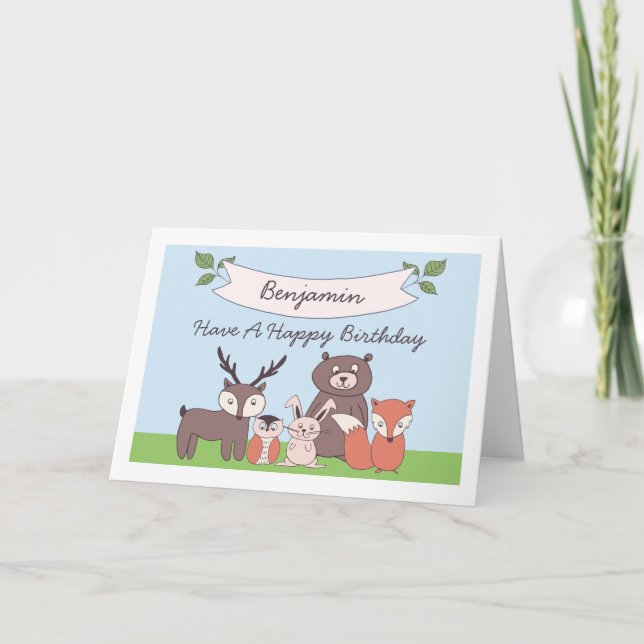 Tarjeta Cute Boys Woodland Animals Birthday Card (Anverso)