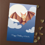 Tarjeta Cute Brown Bat Cartoon Personalized Happy Birthday<br><div class="desc">This card is just adorable. The little happy bat flying to say Happy Birthday! is looks fantastic over a background in the moonlight. Personalize the text with your own message and click on customize further if necessary.
Illustrated and designed by Patricia Alvarez.</div>