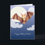 Tarjeta Cute Brown Bat Cartoon Personalized Happy Birthday<br><div class="desc">This card is just adorable. The little happy bat flying to say Happy Birthday! is looks fantastic over a background in the moonlight. Personalize the text with your own message and click on customize further if necessary.
Illustrated and designed by Patricia Alvarez.</div>