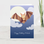 Tarjeta Cute Brown Bat Cartoon Personalized Happy Birthday<br><div class="desc">This card is just adorable. The little happy bat flying to say Happy Birthday! is looks fantastic over a background in the moonlight. Personalize the text with your own message and click on customize further if necessary.
Illustrated and designed by Patricia Alvarez.</div>