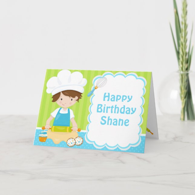 Tarjeta Cute Brunette Hair Boy Baking Birday Party (Anverso)