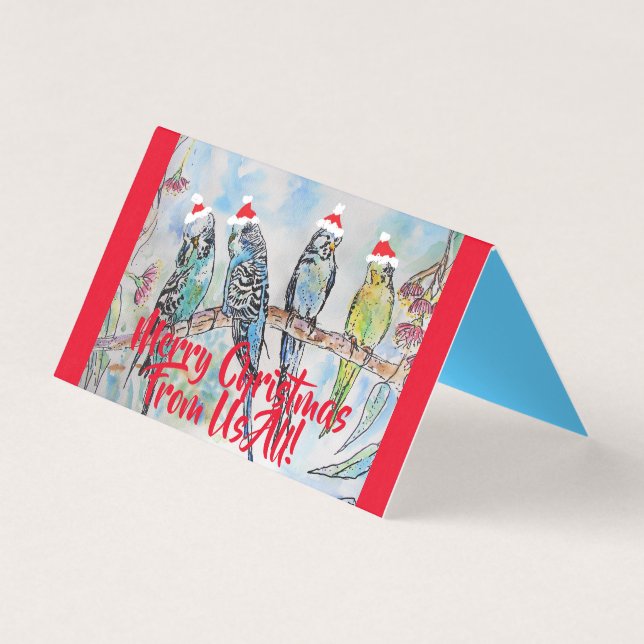 Tarjeta Cute Budgie Merry Christmas de todos nosotros jueg (Anverso)