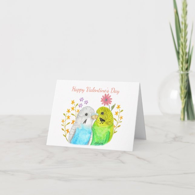 Tarjeta Cute Budgies Azul Verde Amarillo Feliz San Valentí (Anverso)