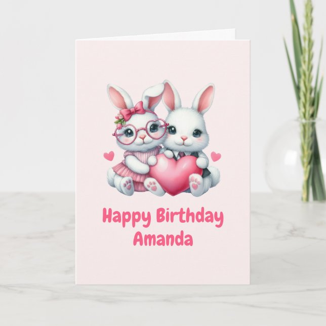 Tarjeta Cute Bunnies Sharing a Heart Birthday (Anverso)