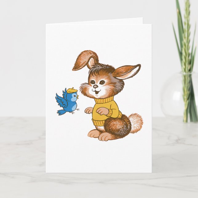 Tarjeta Cute Bunny and Bluebird Kids Birday Card (Anverso)