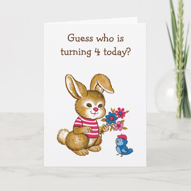 Tarjeta Cute Bunny and Bluebird Kids Cuarto Cumpleaños Car (Anverso)