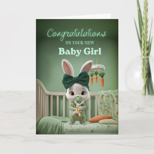 Tarjeta Cute Bunny Baby in Green Congrats on New Baby Girl (Anverso)