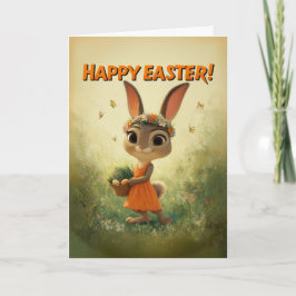 Tarjeta Cute Bunny in Orange Dress with Easter Basket
