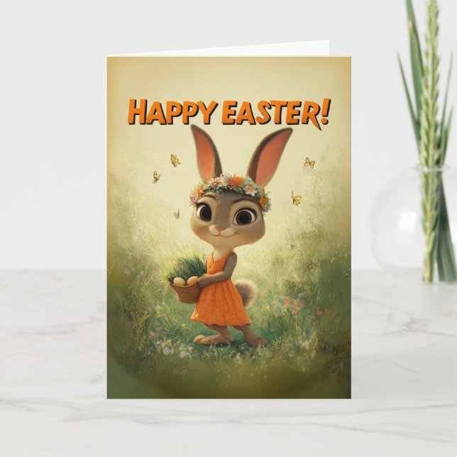 Tarjeta Cute Bunny in Orange Dress with Easter Basket (Anverso)