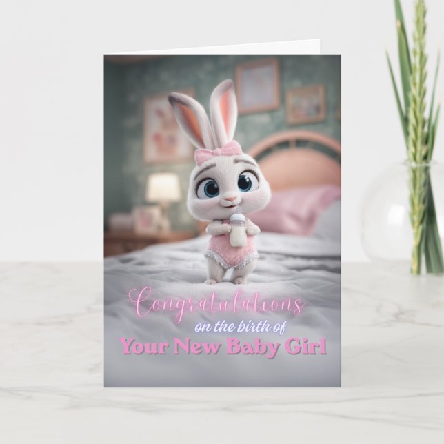 Tarjeta Cute Bunny in Pink New Baby Girl Congratulations (Anverso)