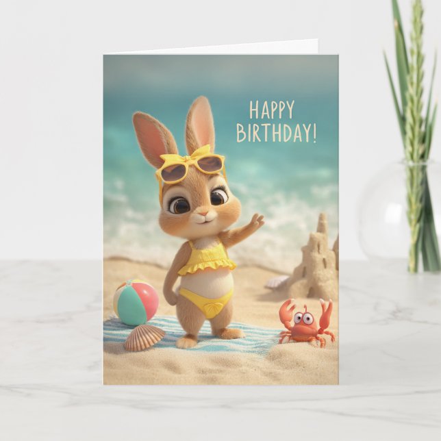 Tarjeta Cute Bunny in Yellow Swimsuit Beach Birthday (Anverso)