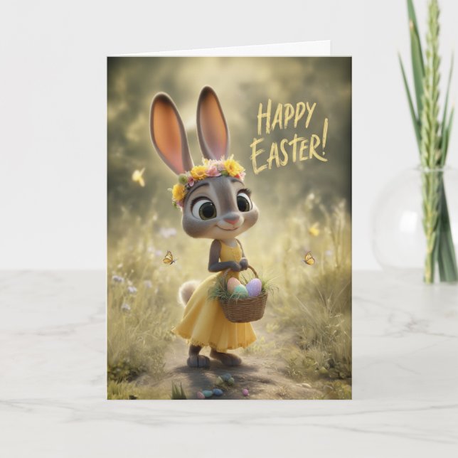 Tarjeta Cute Bunny in Yellow w/ Happy Easter Basket (Anverso)