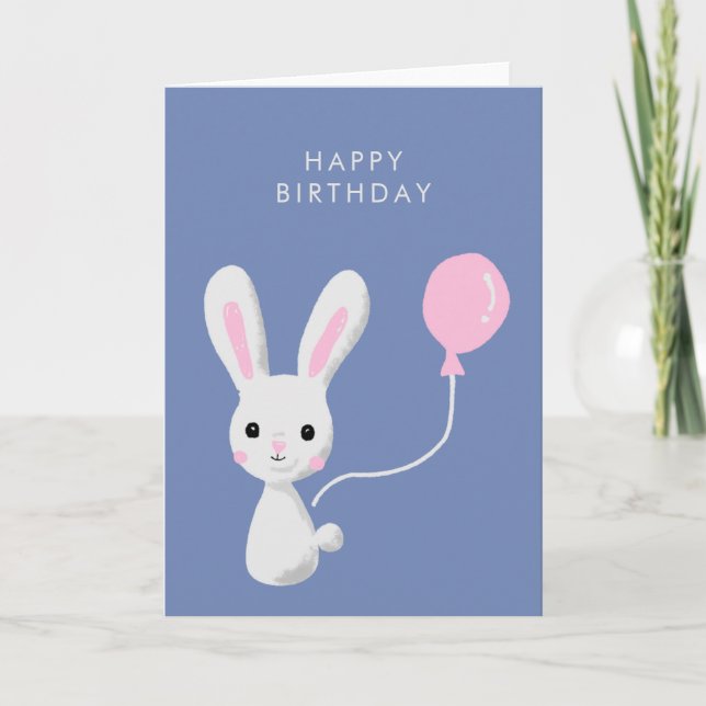 Tarjeta Cute Bunny Pink Balloon Feliz cumpleaños (Anverso)