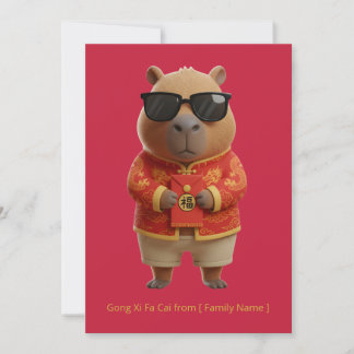 Tarjeta Cute Capybara Chinese New Year Red Gold Custom 