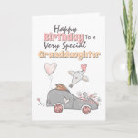 Tarjeta Cute car whimsical bird balloon granddaughter wish<br><div class="desc">A beautiful illustration of a hand drawn whimsical convertible car with its roof folded back on which cute doodle hearts; bows; heart shaped balloons and flowers appear in pastel gray, pink and orange. An adorable bird is flying away from the vehicle holding a pink heart in its beaks. The words,...</div>