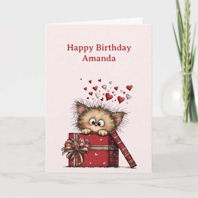 Tarjeta Cute Cartoon Kitten in a Box with Hearts Birthday (Anverso)