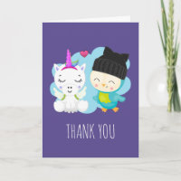 Cute Cartoon Unicornio y Amigos Pájaros Gracias