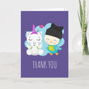 Tarjeta Cute Cartoon Unicornio y Amigos Pájaros Gracias