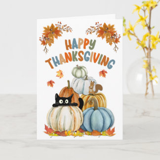 Tarjeta Cute Cat and Retro Pumpkins Happy Thanksgiving