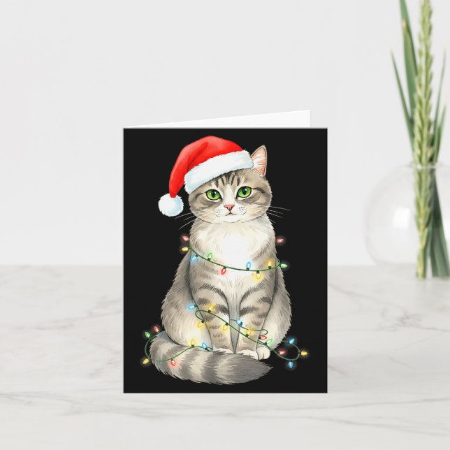Tarjeta Cute Cat Christmas Lights Santa Hat Snow Holiday A (Anverso)