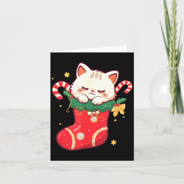 Tarjeta Cute Cat In Christmas Stocking Kawaii Anime Xmas G (Anverso)