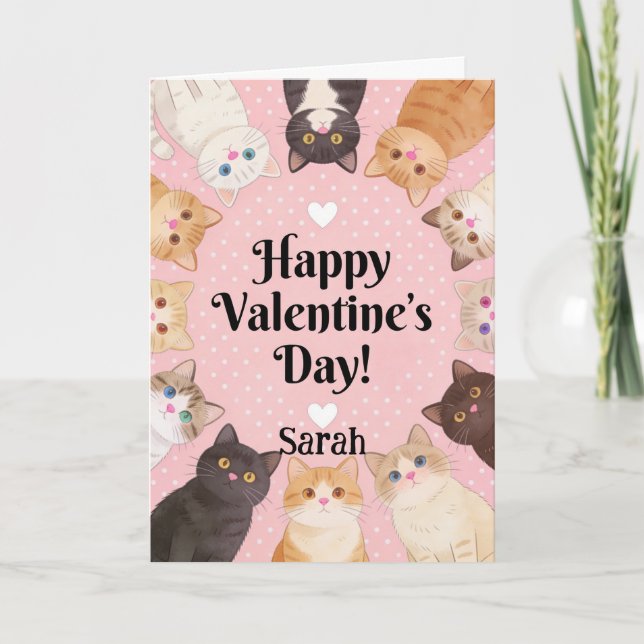 Tarjeta Cute Cat Lover Polka Dots Happy Valentine's Day  (Anverso)