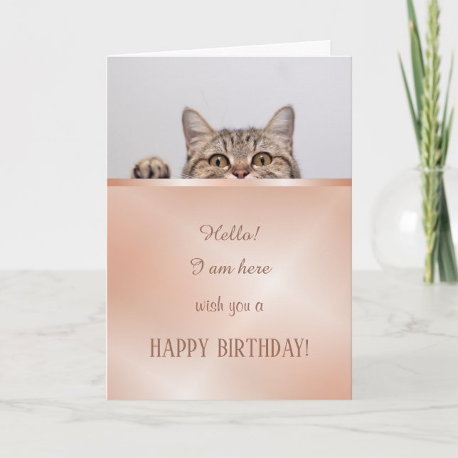 Tarjeta Cute Cat Rosa Gold Birday Card (Anverso)