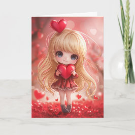 Tarjeta Cute Chibi Blonde sosteniendo un corazón