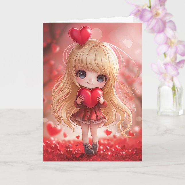 Tarjeta Cute Chibi Blonde sosteniendo un corazón (Orquídea)