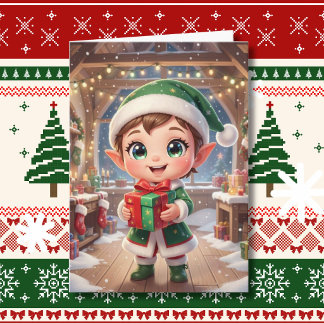 Tarjeta Cute Chibi Elfo con Regalo de Navidad Personalizad