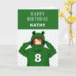 Tarjeta Cute Chica Green Frog Hoodie Dibujo Cumpleaños