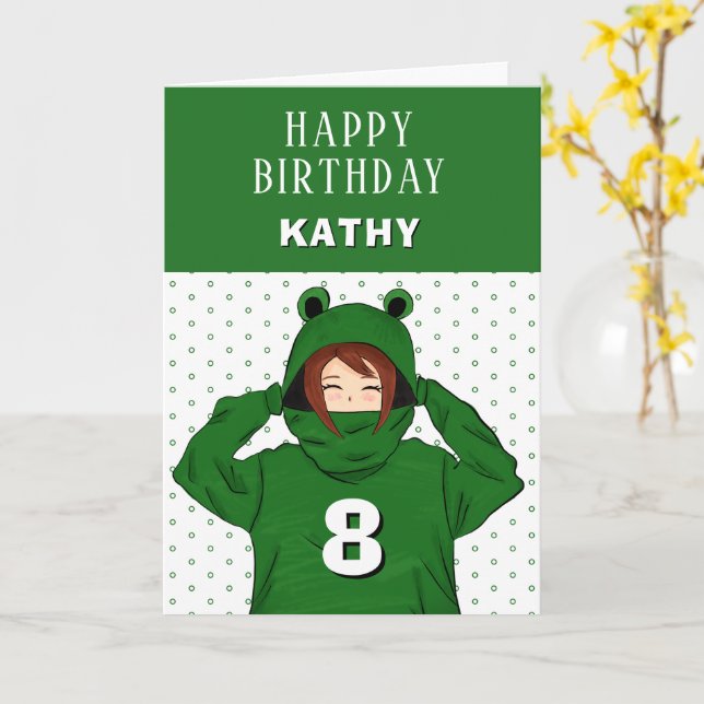 Tarjeta Cute Chica Green Frog Hoodie Dibujo Cumpleaños (flor amarilla)