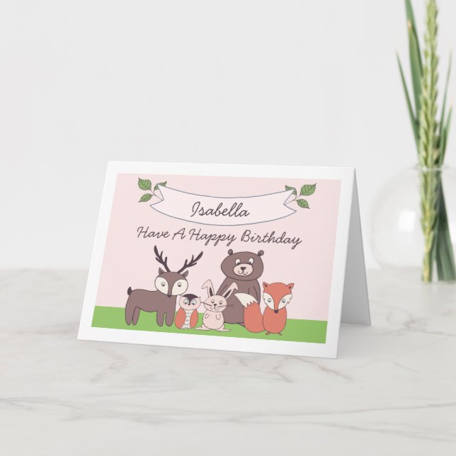 Tarjeta Cute Chicas Woodland Animals Birthday Card (Anverso)