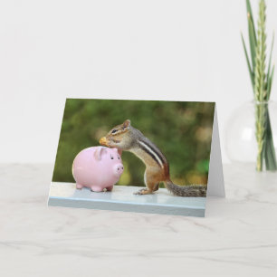 Tarjeta Cute Chipmunk con divertida foto del banco de pigg