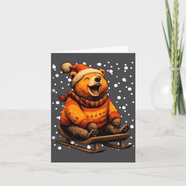 Tarjeta Cute Christmas Bear Sledding In Snow Funny Winter  (Anverso)