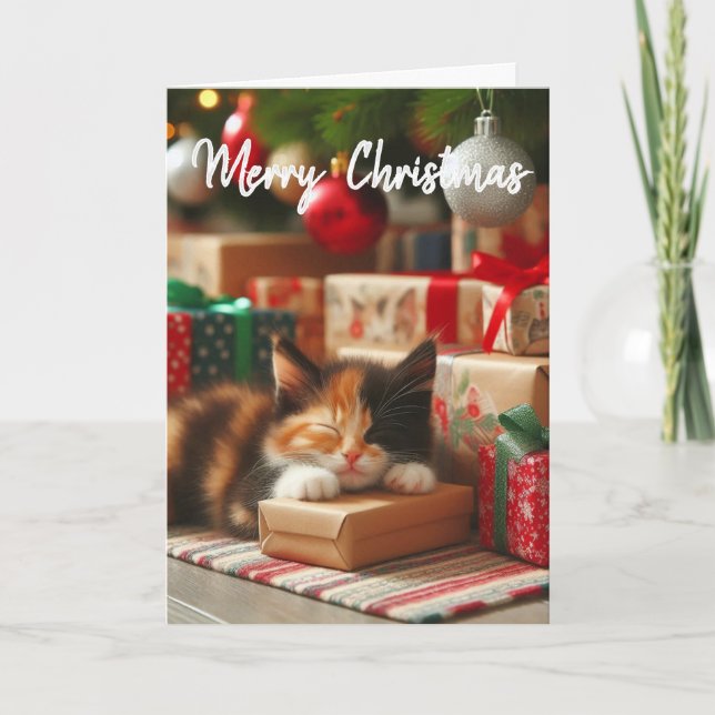 Tarjeta Cute Christmas Calico Kitten Holiday Greeting  (Anverso)