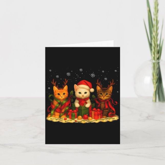 Tarjeta Cute Christmas Cat Xmas Lights Santa Reindeer Cat  (Anverso)