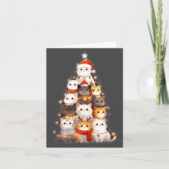 Tarjeta Cute Christmas Cats Tree Lights Holiday Kittens Il (Anverso)
