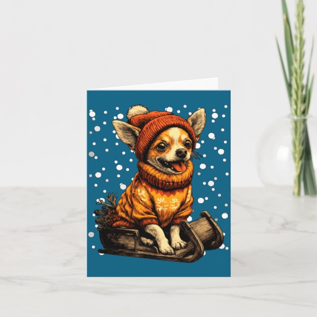 Tarjeta Cute Christmas Chihuahua Sledding In Snow Funny Wi (Anverso)